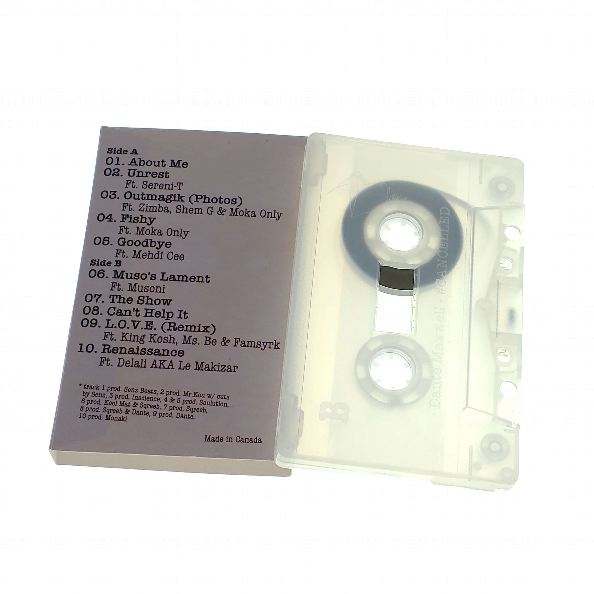 the back cover of the Cassette for #Cancelled by Dante Maxwell